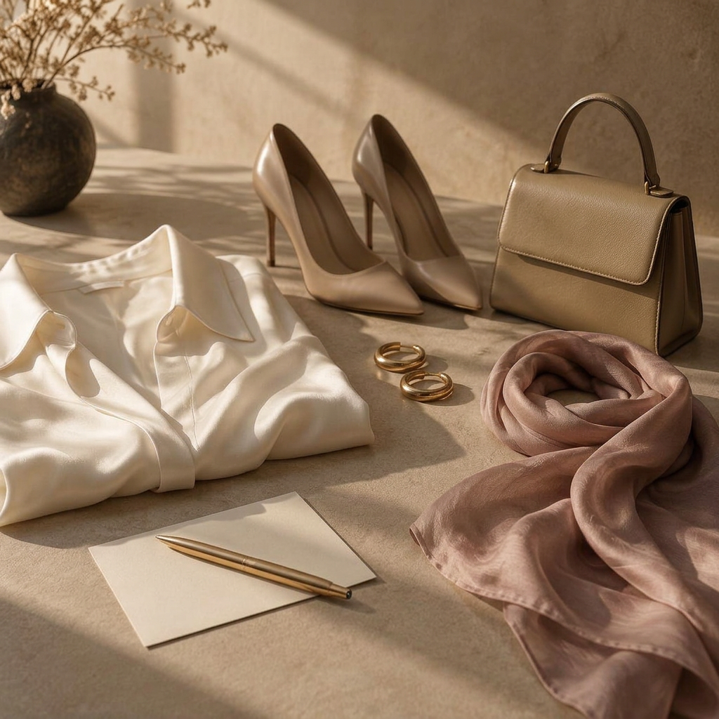 Bodegón de moda: seda marfil, zapatos y bolso de piel, pañuelo rosa y pendientes dorados con luz cálida lateral